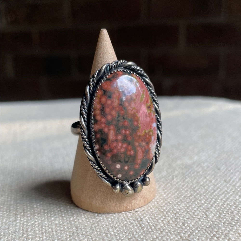 Handmade Art Sterling Silver .925 and Ocean Jasper Ring Red, Pink, Brown, Size 8